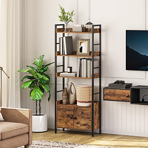 HOOBRO 4-Tier Industrial Bookshelf with Doors and Storage, Rustic Brown and Black HOOBRO
