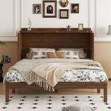KEIKI Queen Size Murphy Bed Cabinet with Power Station & Large Drawer, Pine Wood Folding Chest Bed with Rattan Panel, Space-Saving Wall Bed, Walnut KEIKI