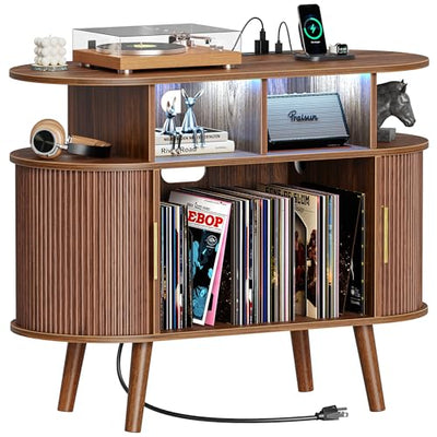 PRAISUN 35.4 Inch Record Player Stand with Power Outlets & 3-Color Lights, Vinyl Record Stand with 2 Fluted Cabinets, USB-C Port, Mid Century Modern Player Stand, Open Storage, Walnut