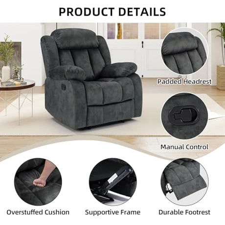 EBELLO Manual Recliner Chair, Classic and Fabric Recliner Sofa with Overstuffed Arms and Back for Living Room, Bedroom, Grey EBELLO