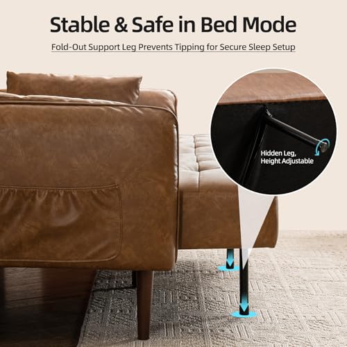 HALLYBEE 85” Futon Sofa Bed, Sleeper Sofa, Small Couch with Storage Adjustable Armrests Pillows, Faux Leather Loveseat, Mid Century Modern Couches for Living Room, Bedroom, Apartment, Brown HALLYBEE