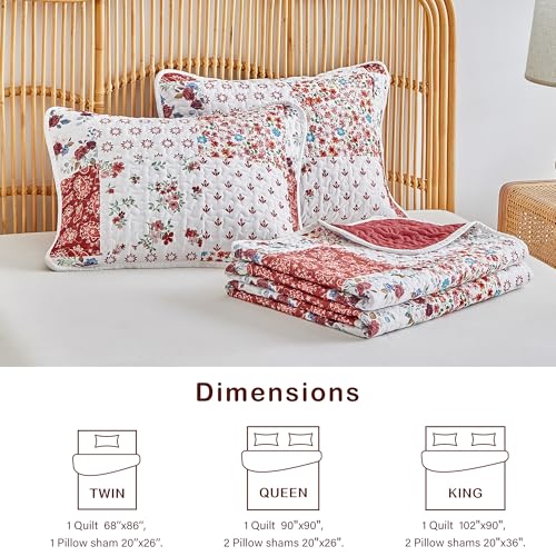 Joyreap 3 Pieces Floral Patchwork Quilt Set Twin, Burgundy Red n White Flowers Design, Smooth Soft Microfiber Quilt, Bedspread Bed Cover for All Season, 90x90 inches Joyreap