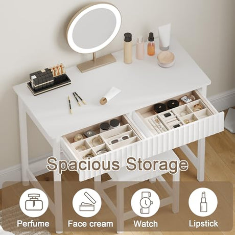 ChooChoo 40 Inch Modern Desk with Drawers, Makeup Vanity Desk with Padded Stool, Small Home Office Desk for Bedroom, White ChooChoo