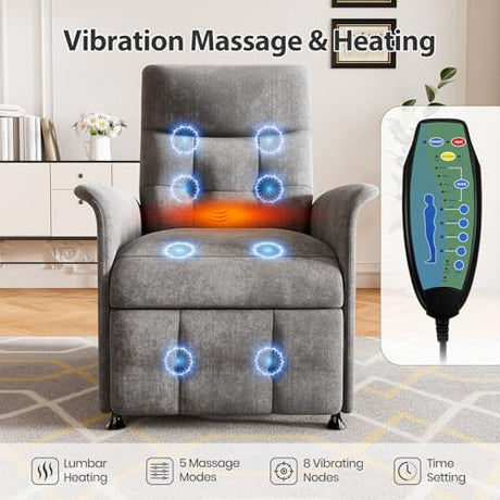 LegacyAmerhome Power Recliner Chair for Adults with Heat & Massage - Soft Fabric Electric Reclining Sofa with Remote Control, 180° Lay Sleeper 3 Side Pockets for Living Room Home Theater, Dark Grey LegacyAmerhome
