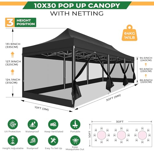 COBIZI 10x30 Heavy Duty Pop Up Canopy with 8 Sidewalls, Commercial Gazebo Party Tent with Mosquito Netting Wall Easy Set Up Outdoor Instant Screen Tent for Backyard, Patio, Garden, Black COBIZI