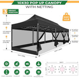 COBIZI 10x30 Heavy Duty Pop Up Canopy with 8 Sidewalls, Commercial Gazebo Party Tent with Mosquito Netting Wall Easy Set Up Outdoor Instant Screen Tent for Backyard, Patio, Garden, Black COBIZI