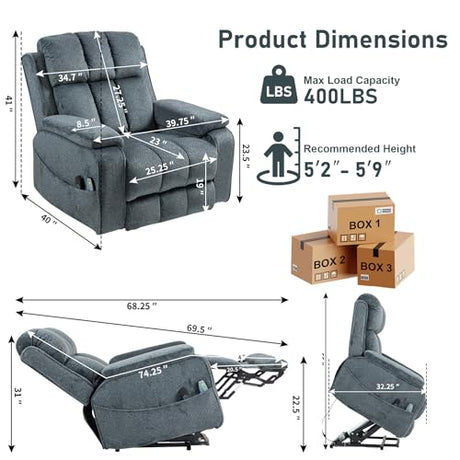 RHHVVR Oversized Lay Flat Recliner for Adults, Large Power Lift Recliner Chair with Extended Footrest, Electric Massage Living Room Sofa Chair, Side Storage Box Cup Holder, Blue Grey RHHVVR