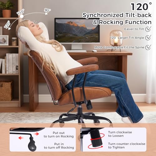 BEWISHOME Home Office Chair, Brown Office Chairs with Wheels, Leather Office Chair, Ergonomic Office Chairs with Lumbar Support, Mid Century Modern Executive Computer Chair BBY01Z BEWISHOME