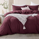 NEXHOME PRO Duvet Cover Set Queen Size Linen Look Textured 100% Washed Cotton Duvet Cover Burgundy Dark Red 3 Pieces Bedding Set with Zipper Closure,Breathable, Soft Organic Natural(No Comforter) NEXHOME PRO