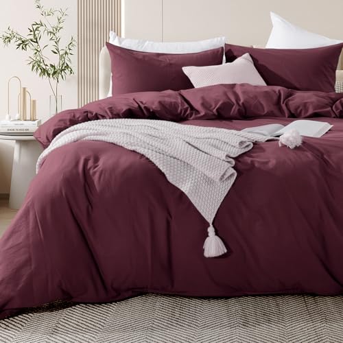 NEXHOME PRO Duvet Cover Set King Size Linen Look Textured Organic Natural 100% Washed Cotton Duvet Cover Burgundy Dark Red 3 Pieces Bedding Set with Zipper, Breathable, Soft (No Comforter) NEXHOME PRO