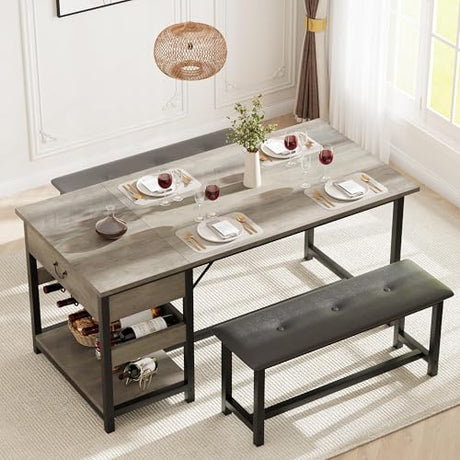 GarveeHome Dining Table Set for 4, Kitchen Dining Table Set with Upholstered Benches, Kitchen Dining Room Table with Storage Drawers & Wine Rack for Small Space-Grey GarveeHome
