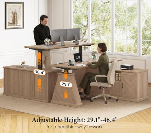Farmhouse L Shaped Electric Standing Desk with Power Outlet & 2 Storage Cabinets, 55.1" x 47.2" Height Adjustable Office Executive Desk with File Drawer & Shelf, Large Business Computer Desks, Natural ANGRYWIN