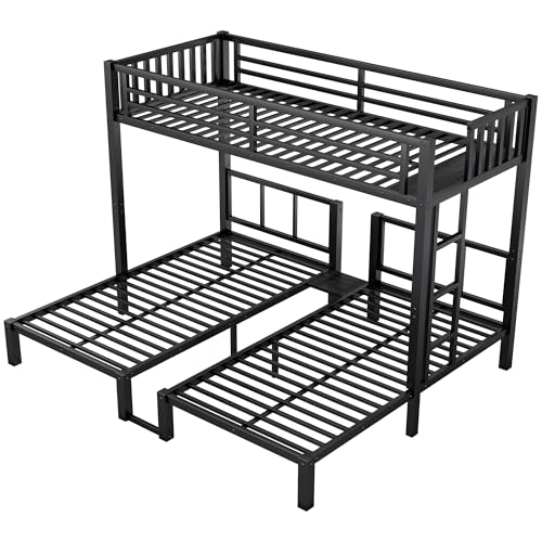 MoproBeti Triple Bunk Bed for Kids,Metal Heavy Duty 3 Bunk Beds with Storage Shelf & Ladder, Convertible Three Bunk Beds for Girls Boys Teens,Can be Separated into 3 Beds, Black MoproBeti
