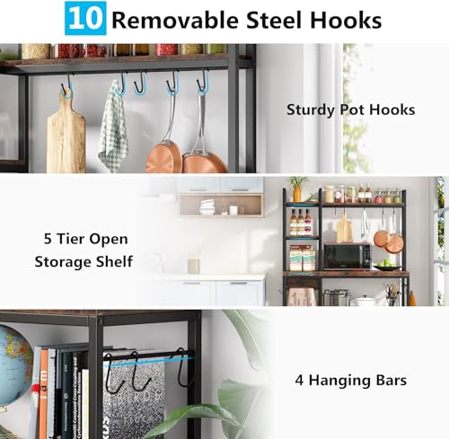 Tribesigns 43 Inch 5-Tier Industrial Bakers Rack with Storage and Hooks in Black Brown Tribesigns