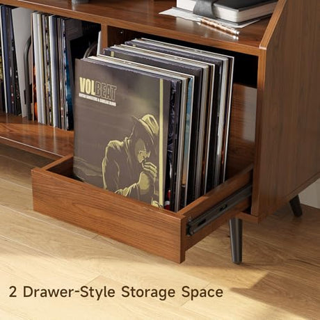 55 Inch Record Player Stand with LED Light, Modern Vinyl Record Storage Cabinet with 2 Drawers & Open Shelves, Holds up to 500 Albums, Turntable Stand w/Charging Station for Living Room Bedroom Walnut ONBRILL