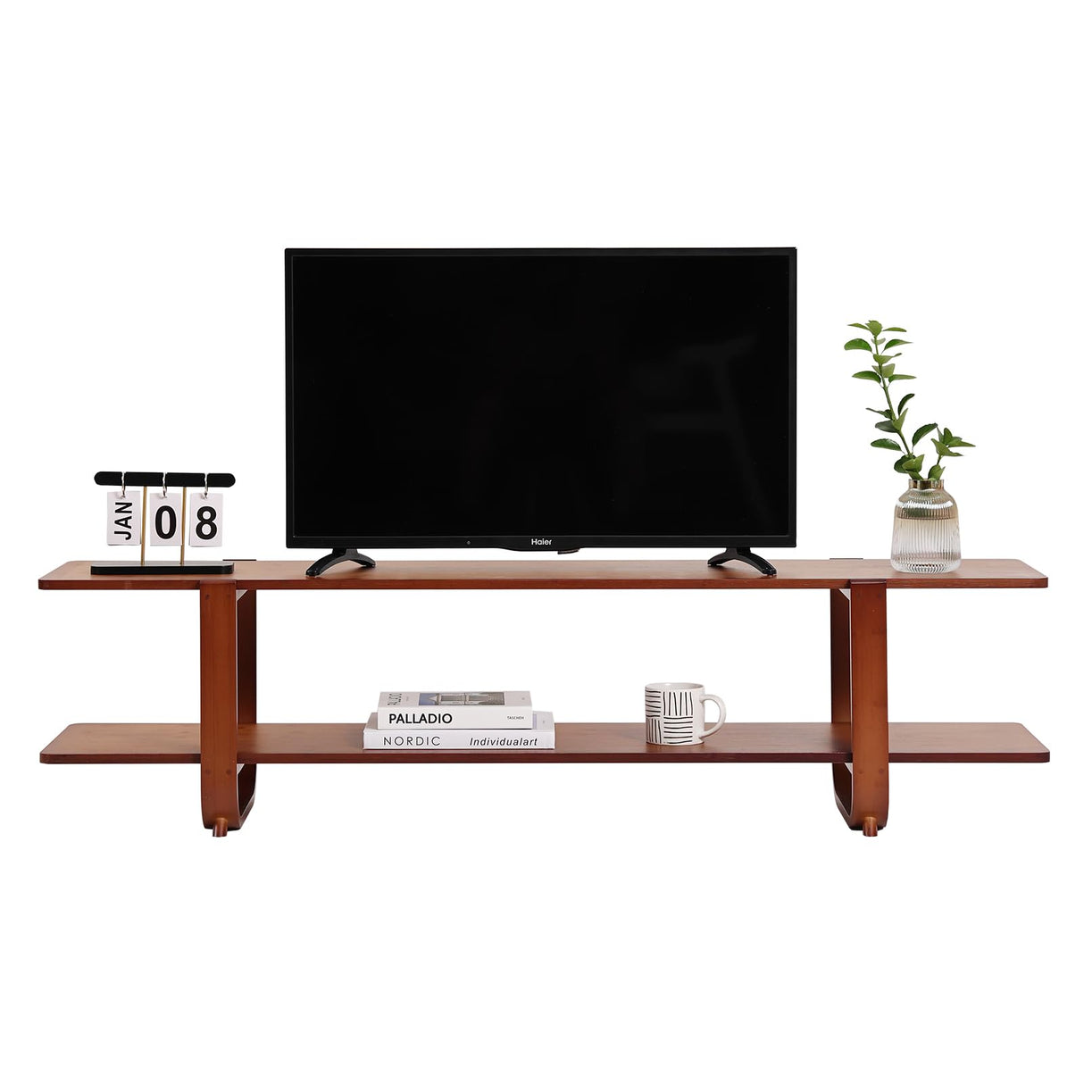 Tiita TV Stand with Storage for TVs up to 65'', Bamboo TV Console Entertainment Center with 2 Open Shelf, Mid Century Modern Media Console for Living Room, Bedroom, Walnut Tiita