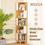 SELFLA Nordic 5-Tier Wood Corner Bookshelf – Modern Tall Bookcase in Natural & White SELFLA