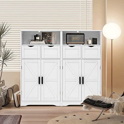 WEENFON Vintage White Floor Cabinet with Barn Doors, 2 Drawers, and Adjustable Shelf for Versatile Home Storage