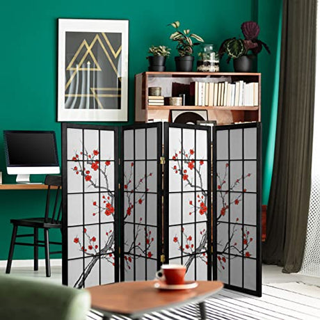 4 ft. Short Cherry Blossom Shoji Screen - Black - 4 Panels Red Lantern
