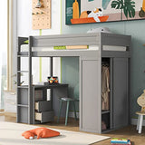 Merax Loft Bed Twin with Desk and Wardrobe, Storage Design with Drawers & Cabinet, Wood Loft Bed Frame for Adult, Teen Girls & Boys(Grey) Merax