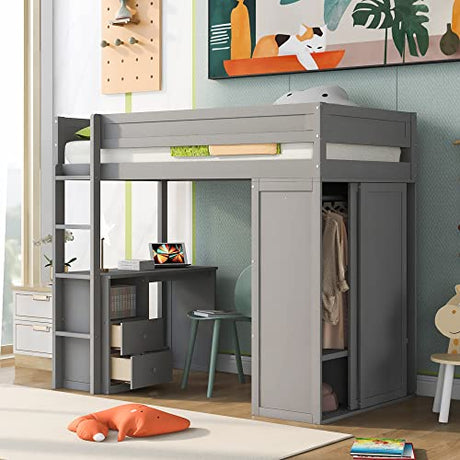 Merax Loft Bed Twin with Desk and Wardrobe, Storage Design with Drawers & Cabinet, Wood Loft Bed Frame for Adult, Teen Girls & Boys(Grey) Merax