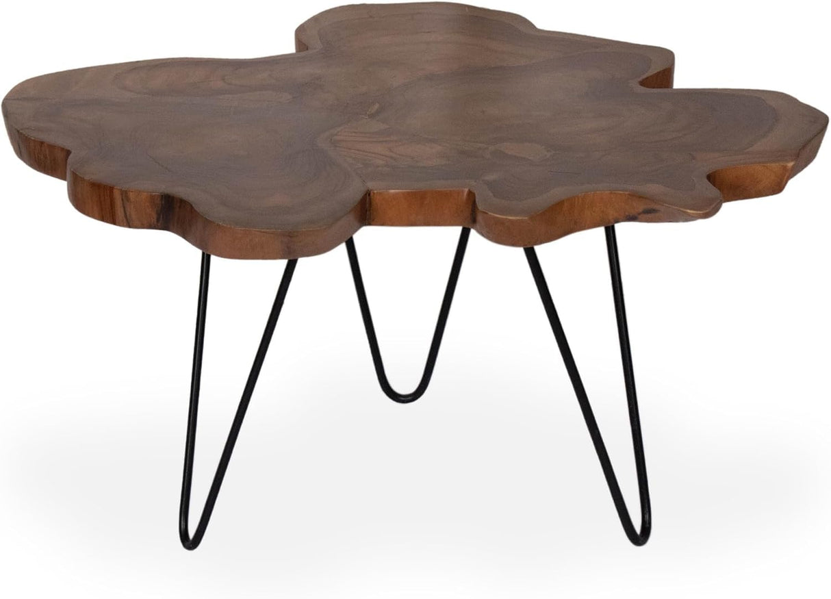 East at Main Live Edge Teak Wood Coffee Table, 31.5" Round, Natural Finish – Handcrafted Teak Wood Puzzled Together to Form a Unique Organic Accent Table for Rustic & Modern Decor East at Main
