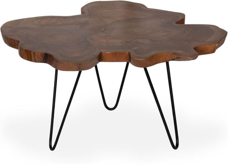 East at Main Live Edge Teak Wood Coffee Table, 31.5" Round, Natural Finish – Handcrafted Teak Wood Puzzled Together to Form a Unique Organic Accent Table for Rustic & Modern Decor East at Main