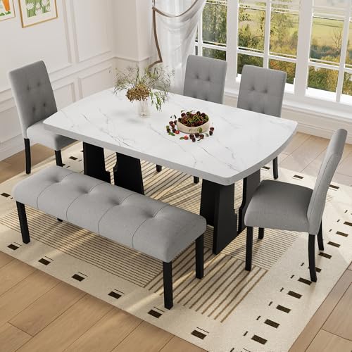 Merax 6-Piece Dining Table Set with Modern Faux Marble Oval Kitchen Tabletop, Four Upholstered Chairs and One Bench for Dining, Living Room, Kitchen, Easy Assembly, White+Gray Merax