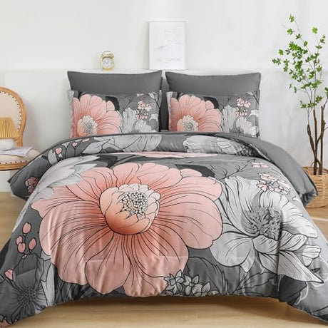 Xruibed King Comforter Set 7 Pieces Grey Floral Comforter Set King Size Bed in a Bag Flower Bedding Sets Lightweight Boho Bed Set with Sheet,Pillowcases&Shams for All Season Xruibed