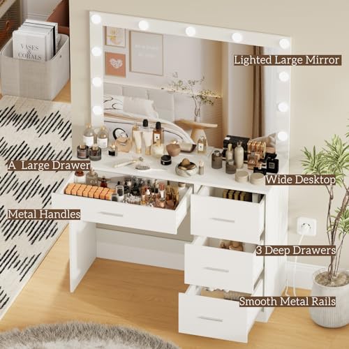 Irontar Makeup Vanity Table, Makeup Table with Large Mirror and 11 LED Lights, Brightness Adjustable, Dressing Table Desk with 4 Drawers, Vanity Desk for Girls, Women, White WDT002W Irontar