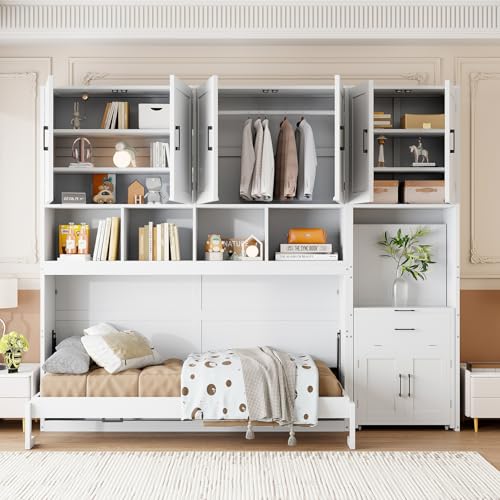 Merax 90.4"H Twin Size Murphy Bed Cabinet With Built-in Desk, Storage Closet, Drawers & Shelves, Wood Foldable Hidden Wall Platform Bedframe For Home, Bedroom, Small Room, Apartment, Reversible, White Merax