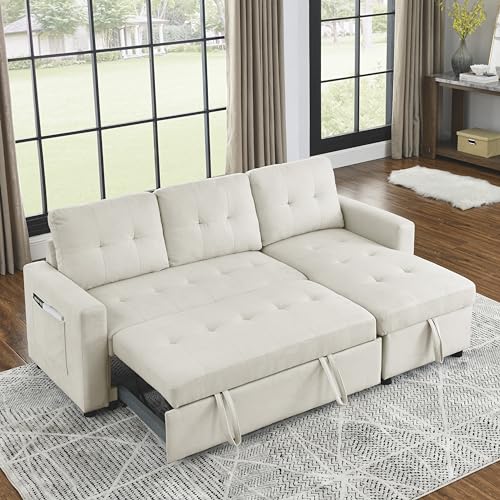 L-Shaped Reversible Sleeper Sectional Sofa Pull Out Couch Bed , Button Tufted Linen Convertible Pullout Sofabed with Storage Chaise Lounge and Detachable Cushion Back for Living Room Apartment Corner Eafurn