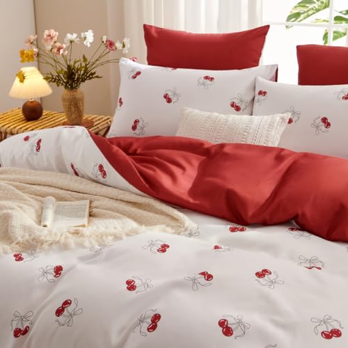 Bildenly White Comforter Set Full Size - Red Cherry Quilt Bedding Set 3 Pieces, Comforter Set Full, Soft & Lightweight Comforter(79‘’ x 90‘’) for Girl All Season & 2 Pillowcases(30‘’x20‘’) Bildenly