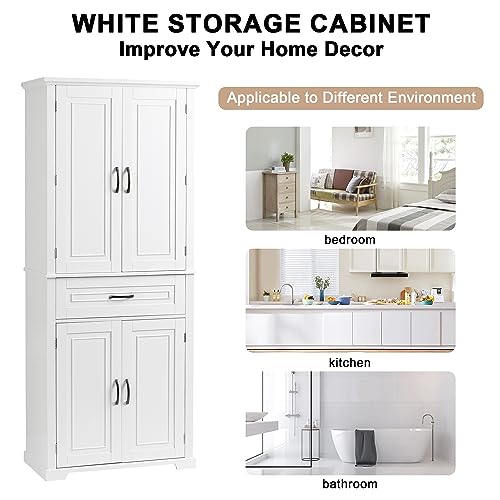 Merax Tall Storage Cabinet with Doors and Drawer, Pantry Cupboard with Rack Organizers Wide Display Shelf for Bathroom or Kitchen, White - WoodArtSupply