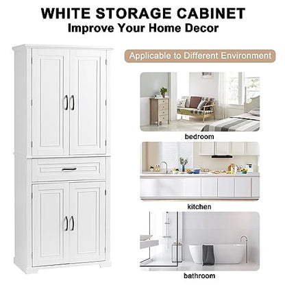 Merax Tall Storage Cabinet with Doors and Drawer, Pantry Cupboard with Rack Organizers Wide Display Shelf for Bathroom or Kitchen, White - WoodArtSupply