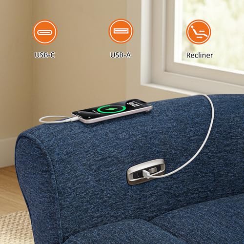 MCombo Compact Wall Hugger Power Recliner Chair for Small Spaces, Dual USB-A/C Ports, Rolled Arm Recliner for Living Room & RV, Fabric PR520 (Fabric, Navy Blue, Small)