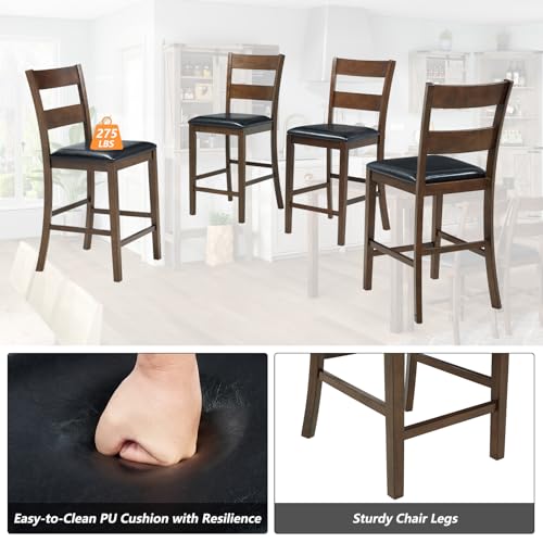 AMERLIFE Solid Wood 5-Piece Dining Table Set, Mid Century Modern Dining Set W/ 4 Chairs, Chairs with Curved Backrests & PU Cushioned, Space Saving, Black/Walnut AMERLIFE