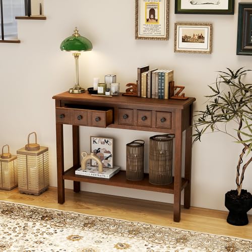 GOFLAME Narrow Console Table with 2 Drawers, 38” Rustic Sofa Table with Bottom Storage Shelf & Embossed Design, 2-Tier Vintage Entry Tables for Living Room, Entryway, Hallway, Walnut GOFLAME