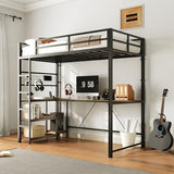 HOOBRO Twin Size Loft Bed with Ladder and Guardrail, Metal Bunk Bed with Desk, LED Lights and Charging Station for Teens, Adults, Space Saving, No Box Spring Needed, Black and Rustic Brown HOOBRO