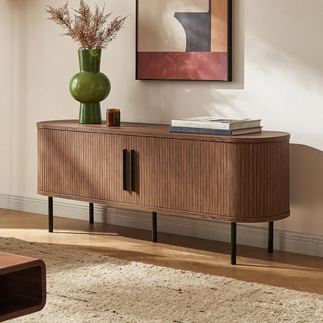 mopio Quin 59" Tambour TV Stand, Fluted Entertainment Center, Mid Century Modern TV Console, Television Stands for 65 Inch TV, Wood Media Storage Cabinet, Table Stand, Living Room (Walnut) mopio