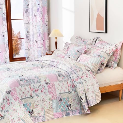 Cmfshape Garden Floral Bedding Set Twin,Reversible Quilted Bedspread,Pink Butterfly Quilt Set,Reversible Stitched Coverlet with 1 Pillow Sham(Twin68 x86 Pink) Cmfshape