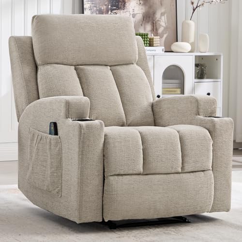 CANMOV Manual Recliner Chair with Massage and Heat,Comfy Recliner Chair Sofa with Overstuffed Arms and Back, Manual Reclining Single Sofa with 2 Cup Holders, Side Pocket for Living Room,Beige