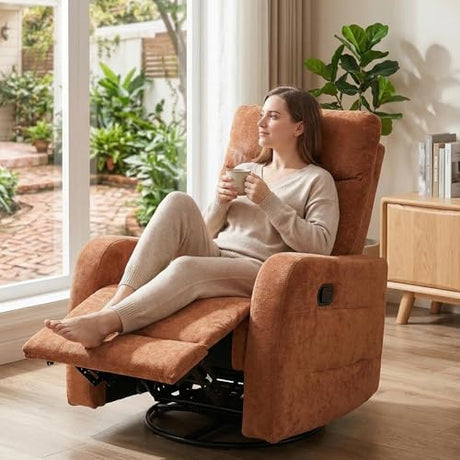 MAKOSAR 360° Swivel Glider Rocker Recliner Chair, Manual Reclining Sofa Chair with Side Pull Handle,Fabric Upholstered Lounge Chair for Living Room, Bedroom,Nursery,Office (Orange-Red-Swivel) MAKOSAR