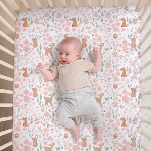 The Peanutshell 3 Piece Baby Crib Bedding Set for Girls - Newborn, Infant & Toddler Nursery Bed Set Decor with Fitted Crib Sheet, Dust Ruffle Comforter - Fairytale Forest The Peanutshell