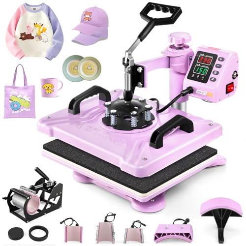 AKEYDIY Heat Press Machine 8 in 1 Combo 12x15 Inch Shirt Press Machine Heat Press Sublimation Machine for T-Shirts, Hats Caps Tumblers Glass Cans Mugs, and Plates (Pink Purple 8 in 1) AKEYDIY