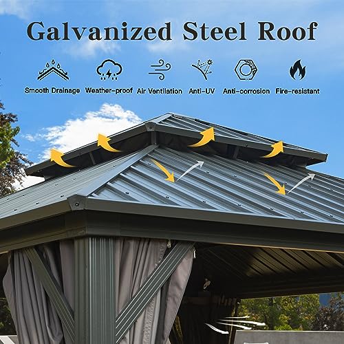 Domi Hardtop Gazebos 12x12FT, Aluminum Metal Gazebo with Galvanized Steel Double Roof Canopy, Curtain and Netting, Permanent Gazebo Pavilion for Patio, Backyard, Deck and Lawn, Grey domi outdoor living