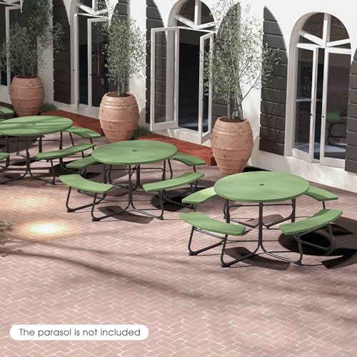 Giantex Picnic Table Set for Up to 8 Persons, Round Outdoor Table and Bench Set with Umbrella Hole, HDPE Top & Metal Frame, 2000LBS Capacity, Patio Table Bench Set for Deck Backyard Garden (Green) Giantex