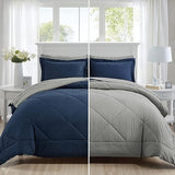 Furnishh Queen Comforter Set 7 Pieces Bed in a Bag, Full/Queen Reversible Bed Set with Comforter, Flat Sheet, Fitted Sheet, Pillowcases & Shams, Navy Blue and Grey Bedding Sets for Queen Size Bed Furnishh