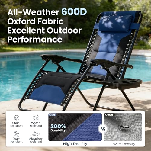 PHI VILLA Zero Gravity Chair Set of 2, Padded Anti Gravity Recliner, Oversized 28" Wide Seat, Foldable Patio Lounger with Armrest & Cup Holder, Supports 400 LBS (Blue Black) PHI VILLA