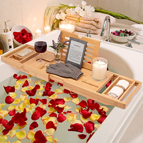 Temple Spring Bathtub Tray -Bamboo Luxury Bathroom Accessories-Bath Spa Gifts for Women & Men-Bath Tray for Bathroom Essentials-Bath Caddy Bath Tray for Tub-Wooden Tray for Bathtub Accessories-Natural Temple Spring